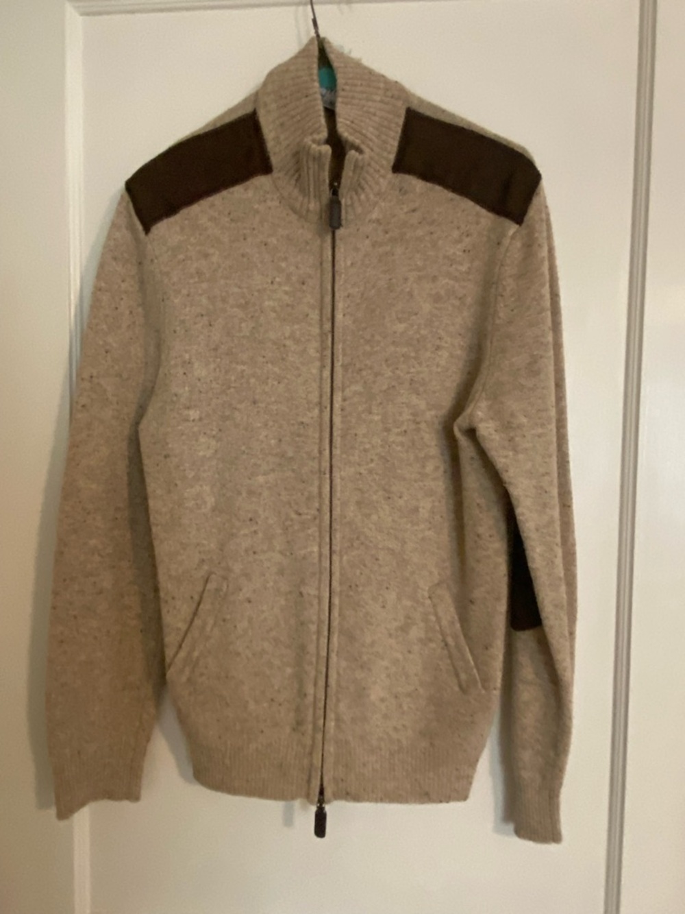 Men's Zip-Front Cream Sweater with Brown Shoulder/Elbow Accents
